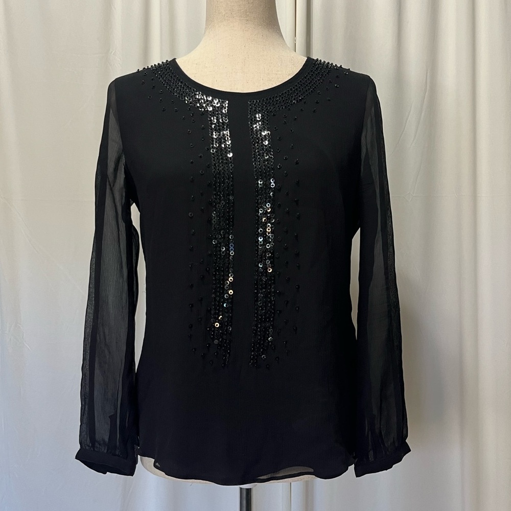 Vineyard Vines Black Sequin Top with Sheer Sleeves Size 2
